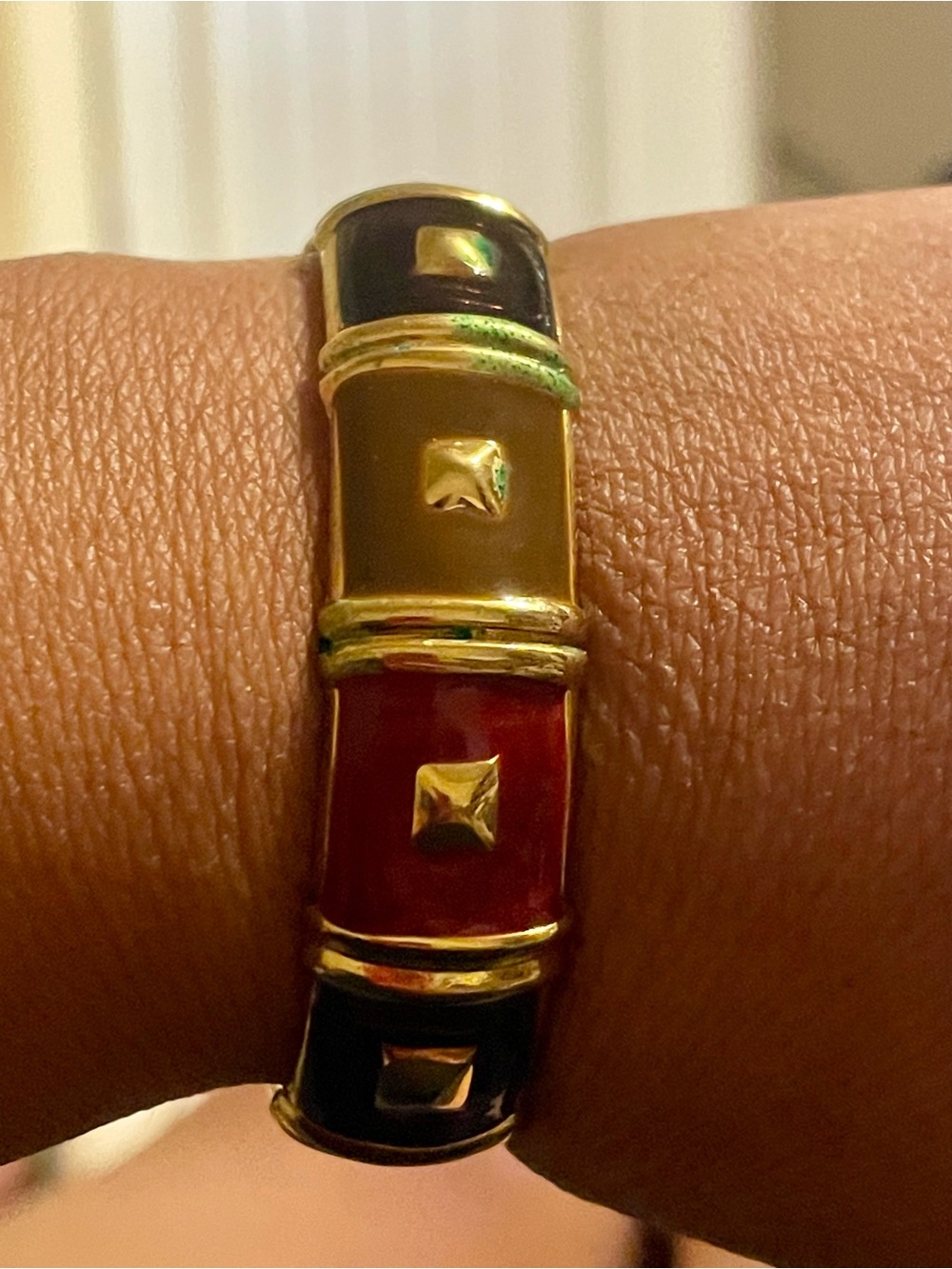 Vintage Gold-Tone Multicolor Enamel Bangle Bracelet - Red, Black, Olive